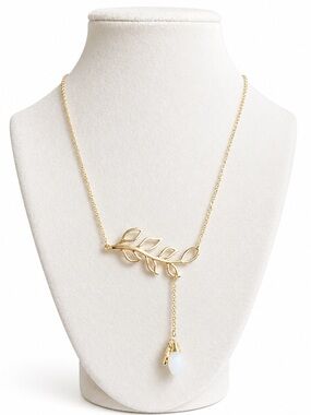 BANSRI Gold Leaf Lariat Necklace Opal Drop 22.5” Adjustable Boho Minimalist NWT